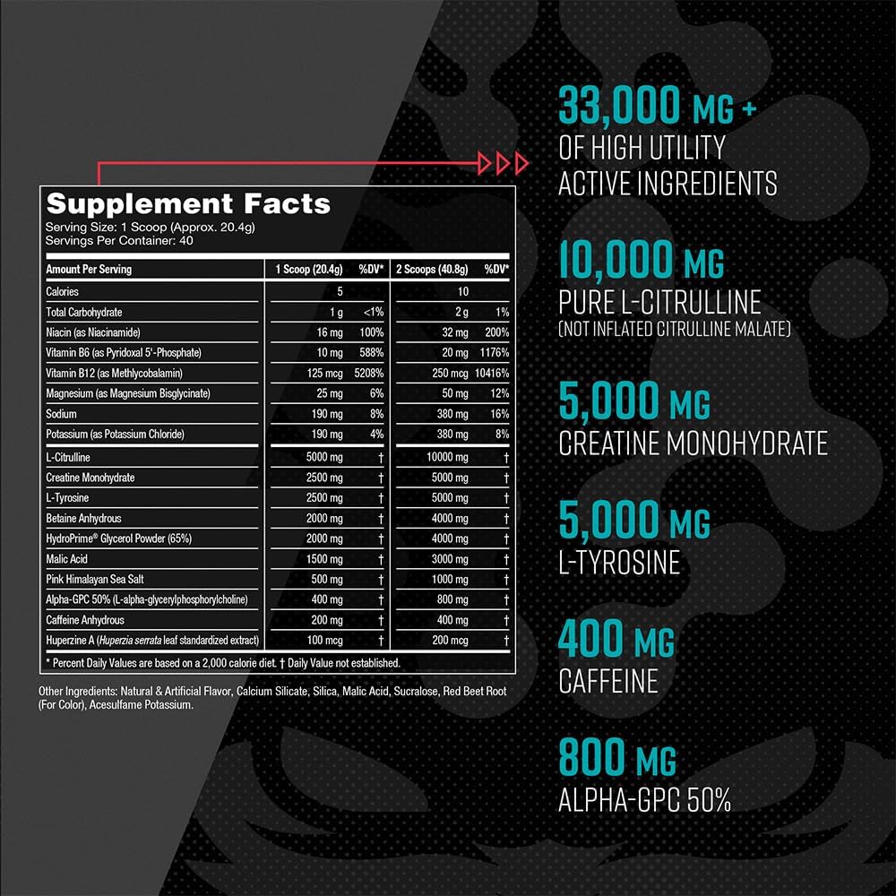 Pre Workout - Massive Pumps Laser Focus Energy Power - L-Citrulline, Creatine, L-Tyrosine, Betaine, Hydroprime, Alpha-Gpc, 400Mg Caffeine, Huperzine a - 800G (Watermelon)